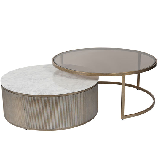 Libra Interiors Belvedere Aged Gold Set of 2 Nesting Coffee Tables with Marble and Tinted Glass